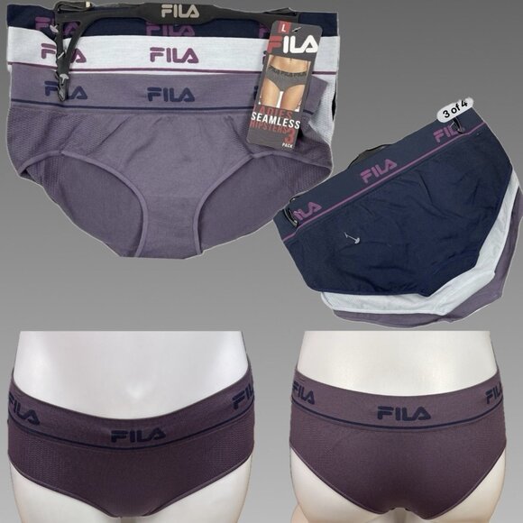 Fila L Purple-Navy-Gray Striped Name Logo Waistband Seamless Hipster Panties 3Pk - Picture 1 of 9